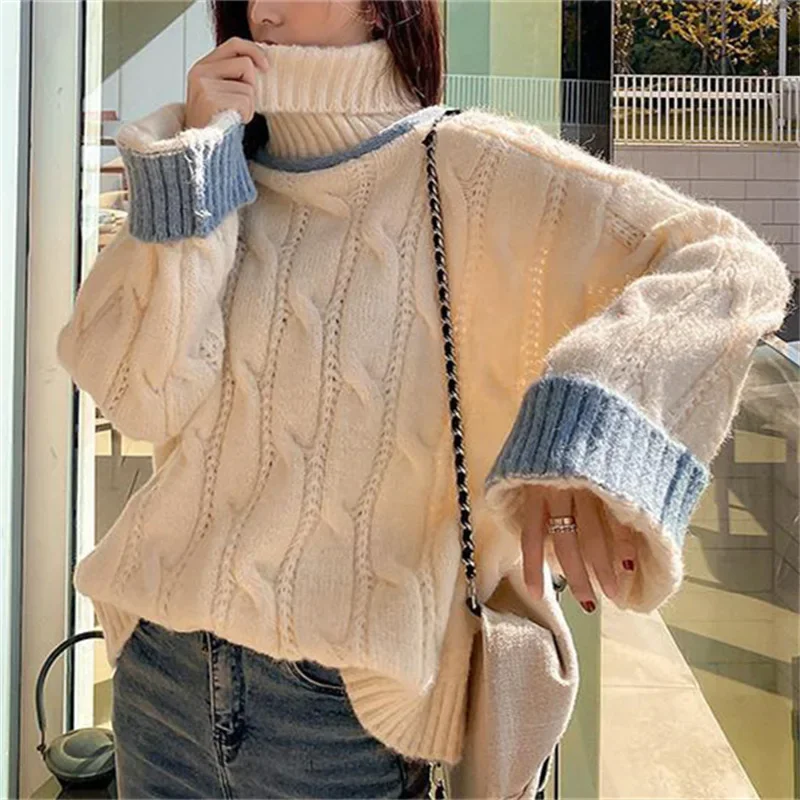 Gagaok Korean Fashion Pullover Sweater Women Autumn Winter Clothes Turtleneck Color Matching Long Sleeve Top Casual Pulls