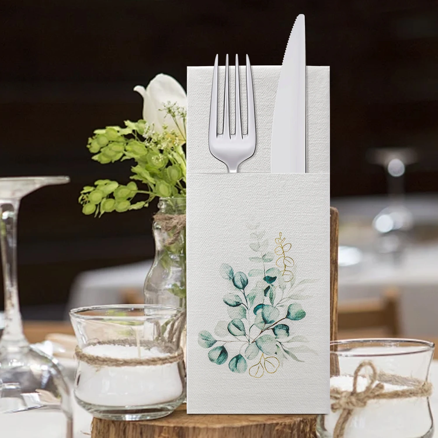 100Pcs Disposable Cutlery Set with Eucalyptus Leaf Printed Paper Napkin Pouch, Wedding Party Banquet Event Table Decors Supplies