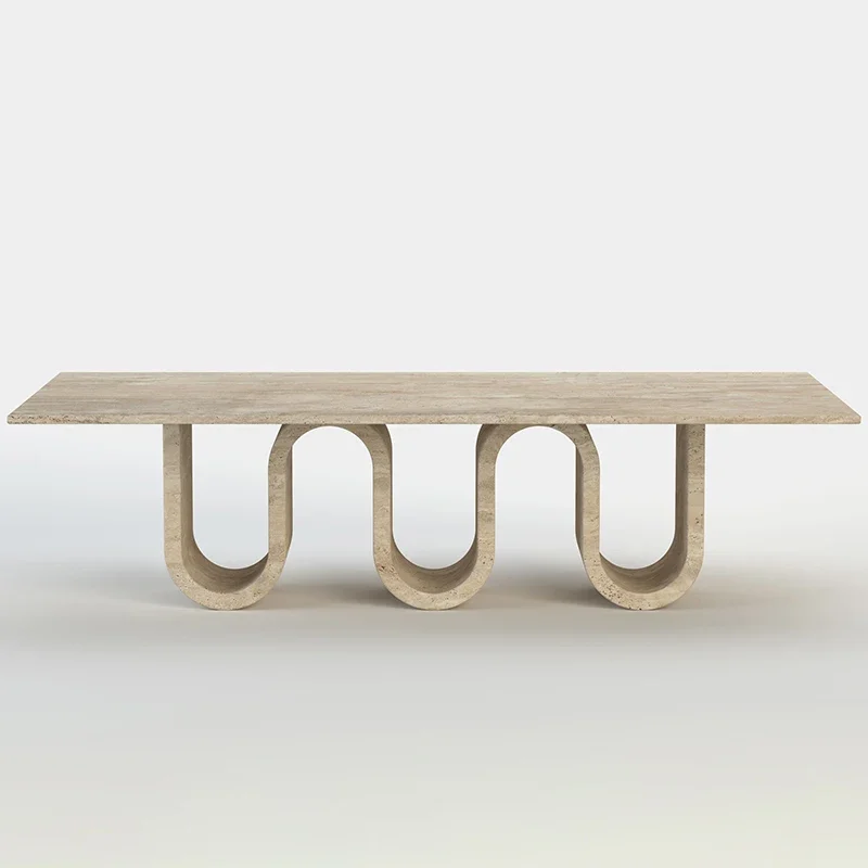 #Dream Home Travertine Dining Table Rectangular Top Triple U-Shaped Base Modern Home Dining Table