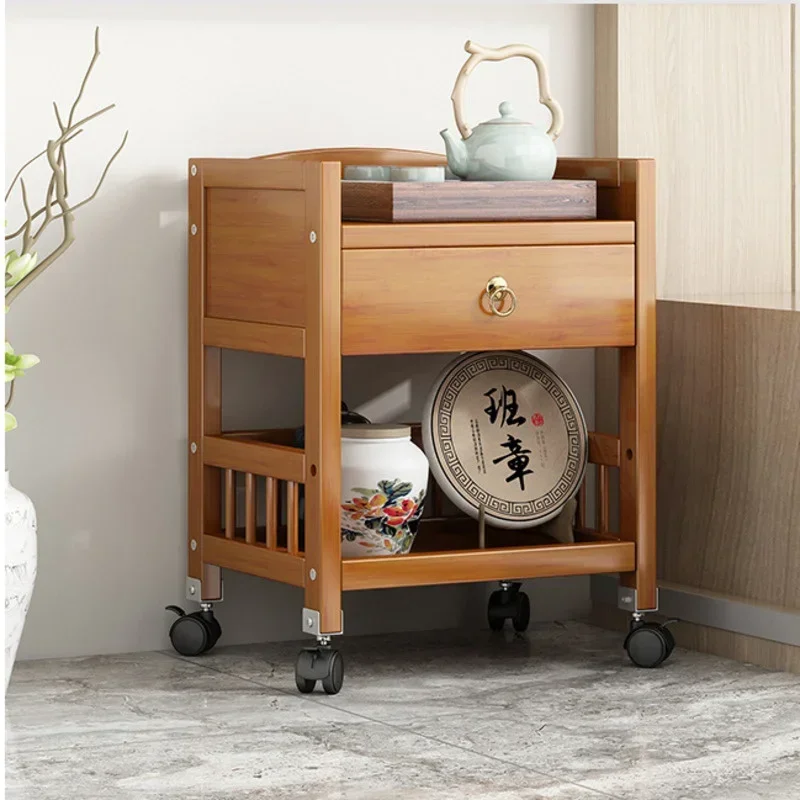 Vintage Solid Wooden Coffee Table Multifunctional Night Table Mobile Belt Wheel Home Furniture Multilayer Drawer Table