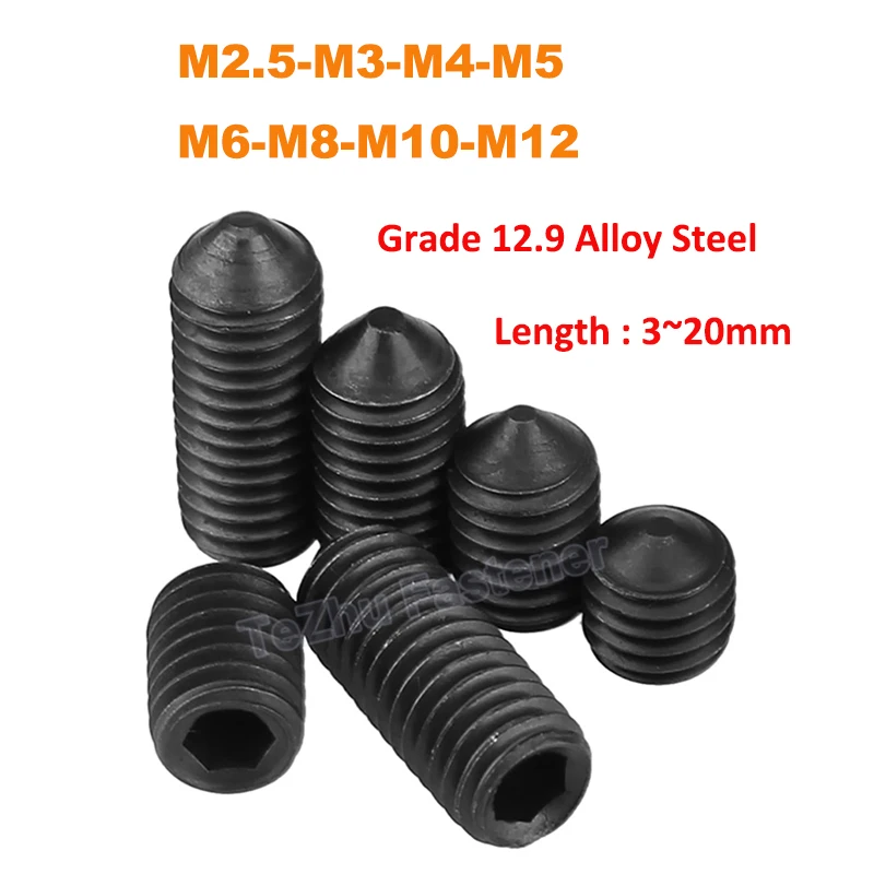 

Hex Hexagon Socket Set Screw Cone Point Grub Screw M2.5 M3 M4 M5 M6 M8 M10 M12 Grade 12.9 Alloy Steel Headless Allen Bolt DIN914