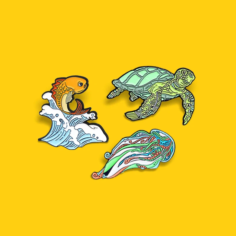 Cute Green Turtle Tortoise Jellyfish Brooches Fish Goldfish Sea Animal marine organism Lapel Pin Badge Jewelry Gift Kids Friends