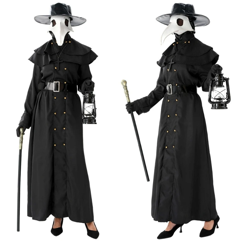 Pestdoktor-Kostüm, Schwarze Lange Robe mit Schnabelmaske und Hut, Mittelalterliches Steampunk-Outfit für Halloween-Karnevalsparty