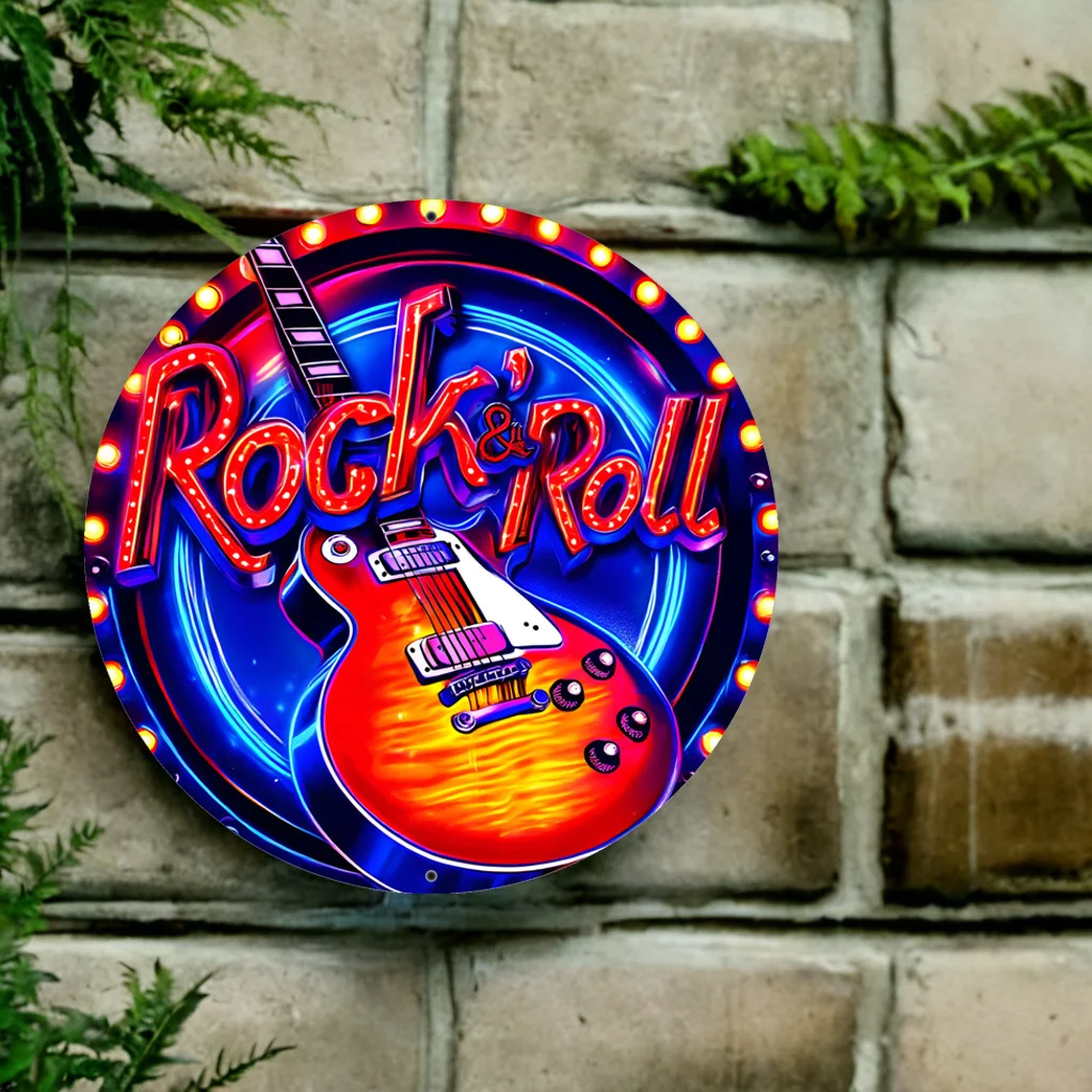 2D Metal Sign Retro Neon Rock Wall Art 7.87in Round Red Glowing Guitar Music Decor for Home Bar Garage Cave Easy Install Gift