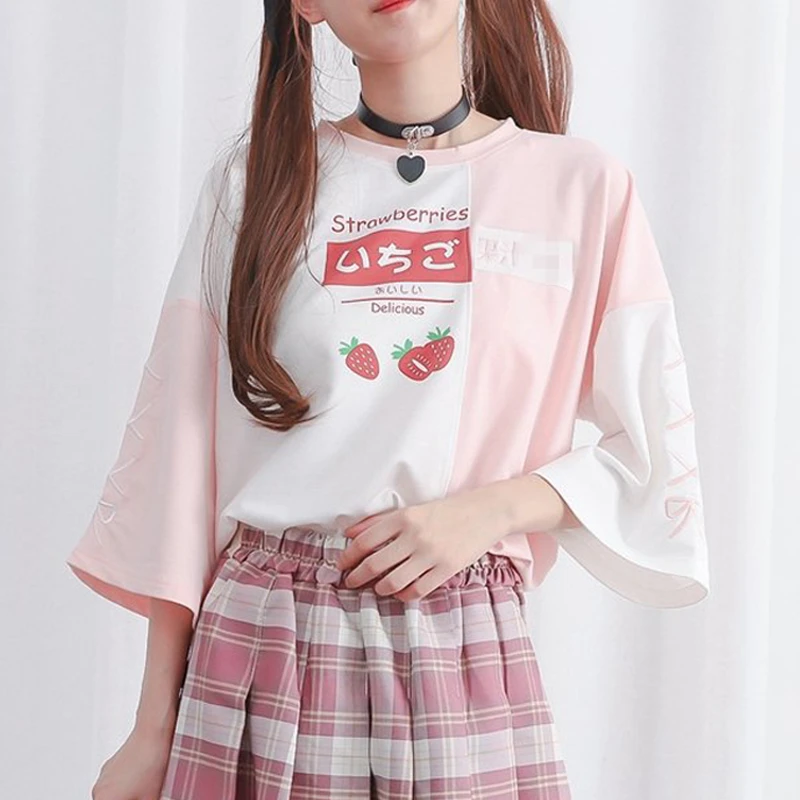 

Japanese Fresh Style Cartoon Strawberry Printed Seven-Sleeve T-Shirt Color-Matching Round Neck Pink Green Stitching Top Women's