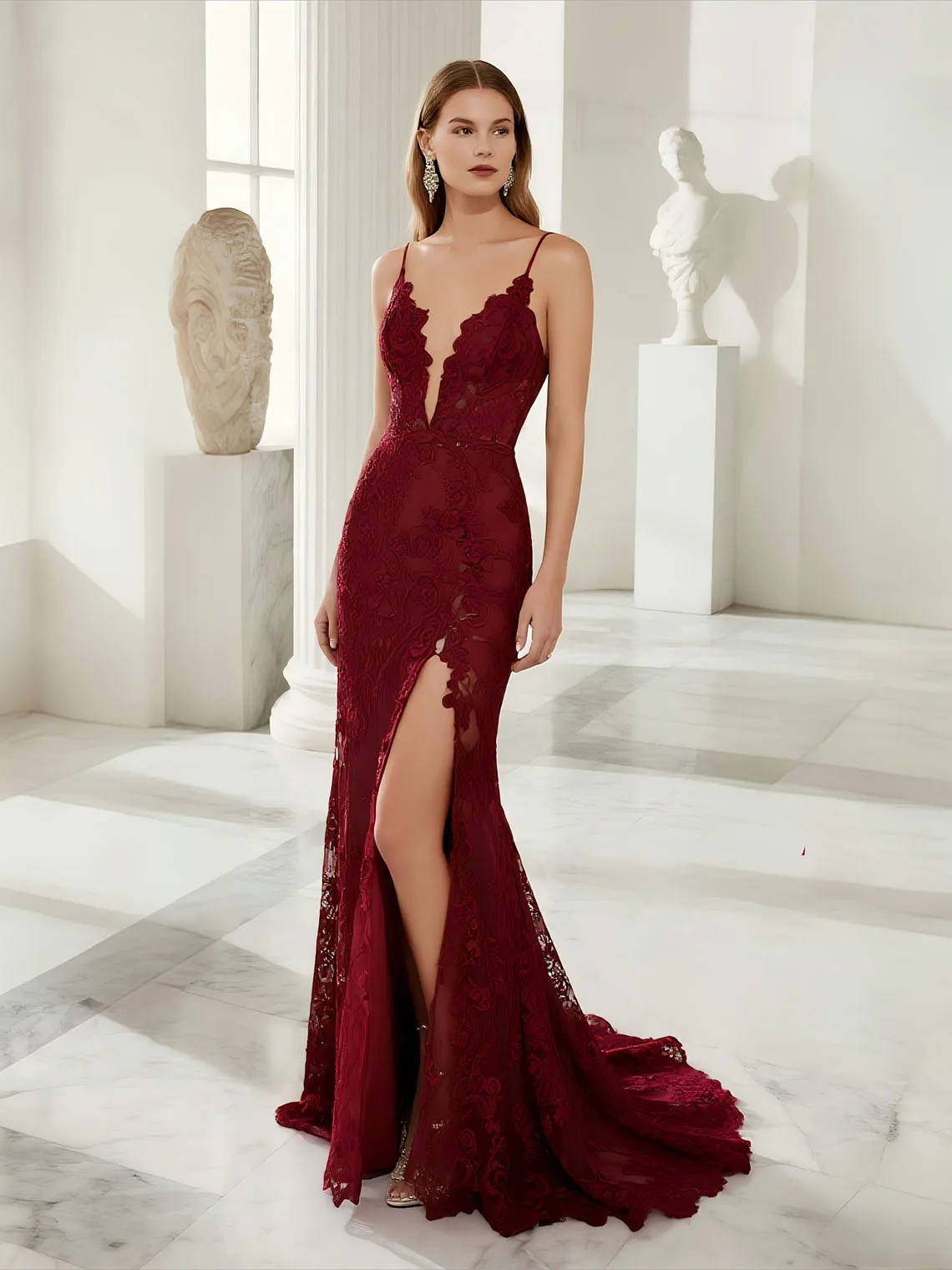 

Fashion Mermaid V Neck Lace Evening Dress Sexy Sweep Train Sleeveless Backless Formal Wedding Party Gown 2025 Free Customized