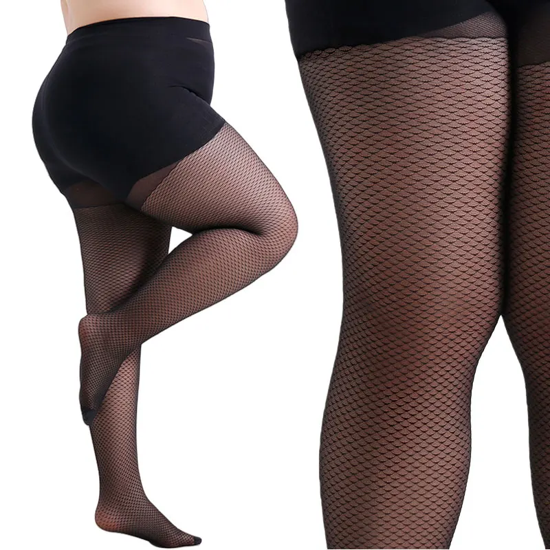 Women's Plus Size 4XL High-wasited Diamond-Shaped Net Pattern Sheer Tights Stretchy Ladies Black Nylons Hosiery Stockings
