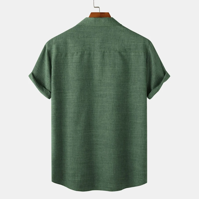 Camisa de lino y algodón verde para hombre, camisa cómoda informal de manga corta de marca, ligera, Hippie, para playa, boda y Yoga, verano 2023