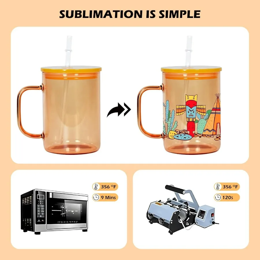 فراغات زجاجية للتسامي سعة 15 أونصة مع غطاء ملون وقش، 25 عبوة من أكواب زجاجية للتسامي بمقبض، بوروسيليكات قابلة للتسامي #3