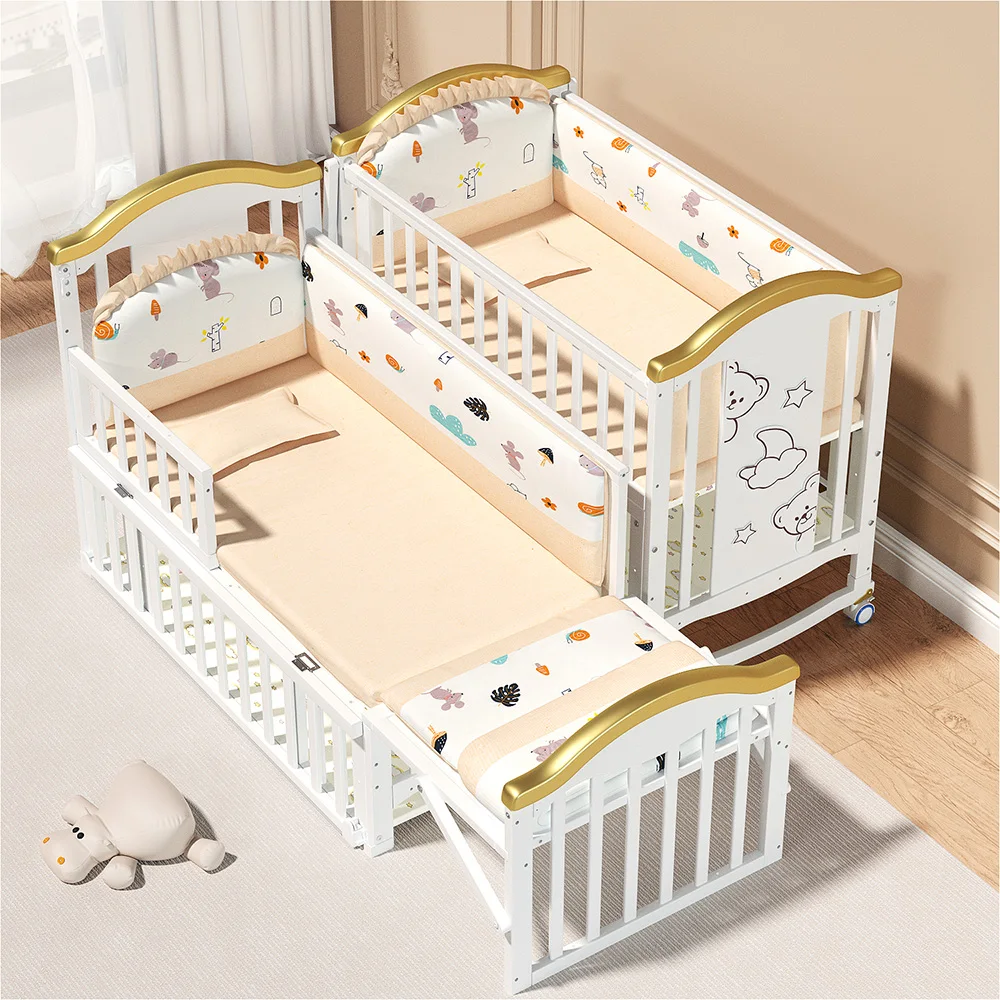 White solid wood baby crib and comfortable baby cradle beds for 0-3 years old