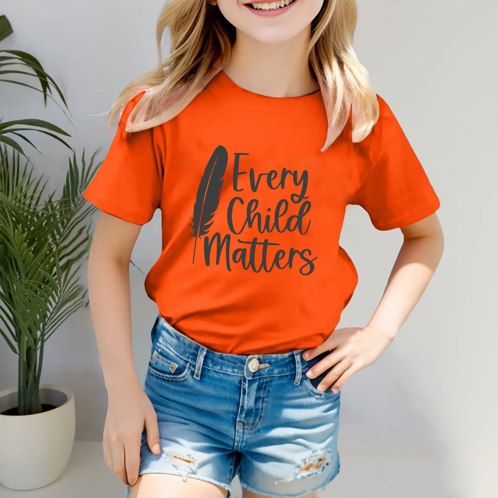 2024 Fashion Print Tee Orange Shirt For Kids Girls Short Sleeve Tee O-neck T Shirt Casual Fit  Comfy Shirts Non Sweat Undershirt