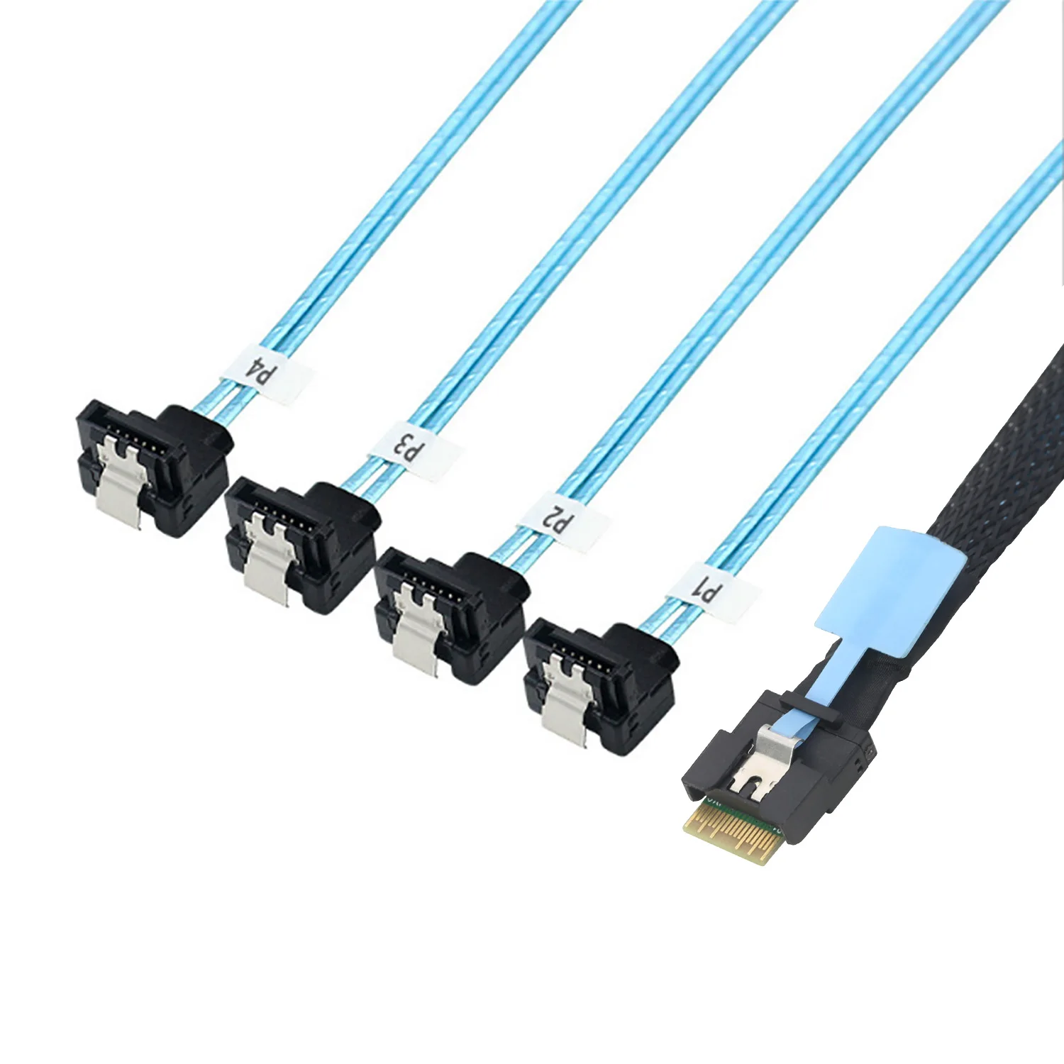 PCIE Slimline SAS SFF-8654 4I 38P Anti-deflection belt pull to 4X SATA 90 degree female for SSD High-speed Server Cable