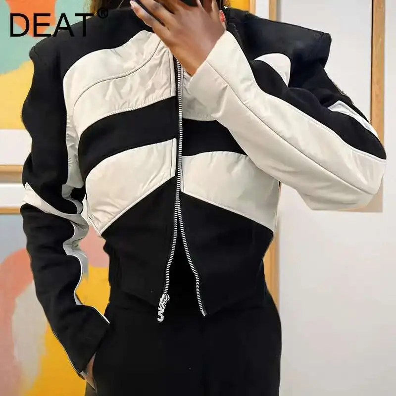 DEAT Fashion Trend High Quality Contrast Color Design Coat Women's Loose Turtleneck Long Sleeve Thin Jacket 2024 Autumn 11P01359