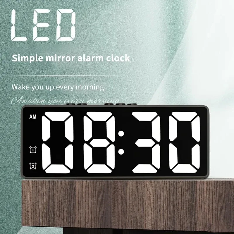 Simple LED mirror electronic alarm clock battery small alarm clock digital alarm clock voice control temperature clock dimming