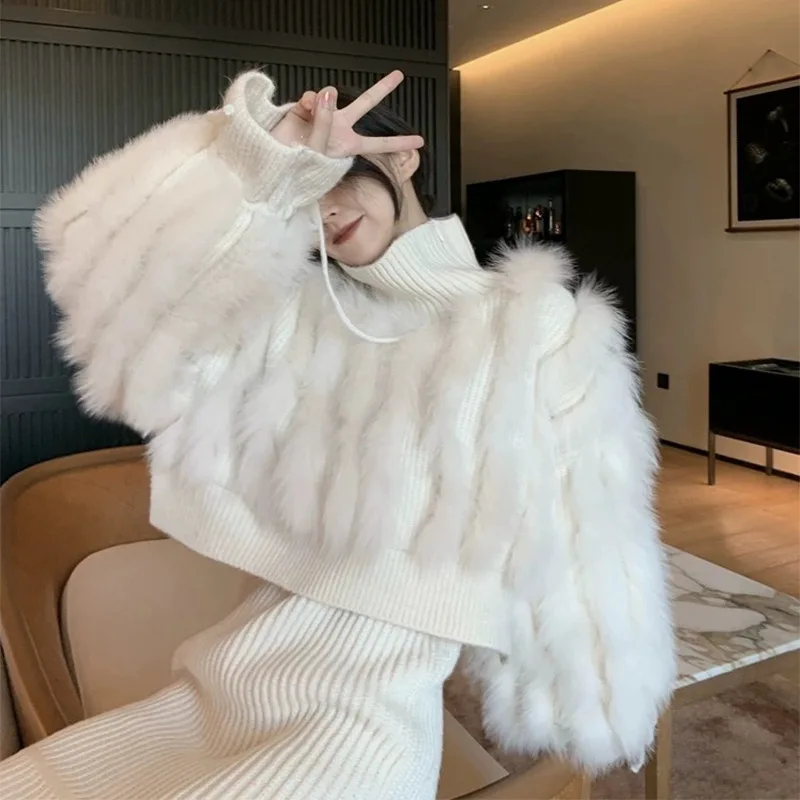 2023 New Winter New Natural Fox Fur Woven Real Fur Jacket Woman Decoration Fashion Warm Loose Long Thick Sleeved Streetwear