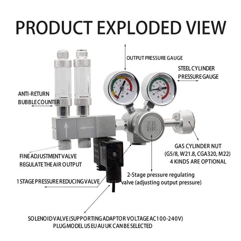 Aquarium CO2 Regulator CO2 Pressure Reducing Valve Bubble Meter Solenoid Valve CO2 Control Bipolar Pressure Regulating 100-240V