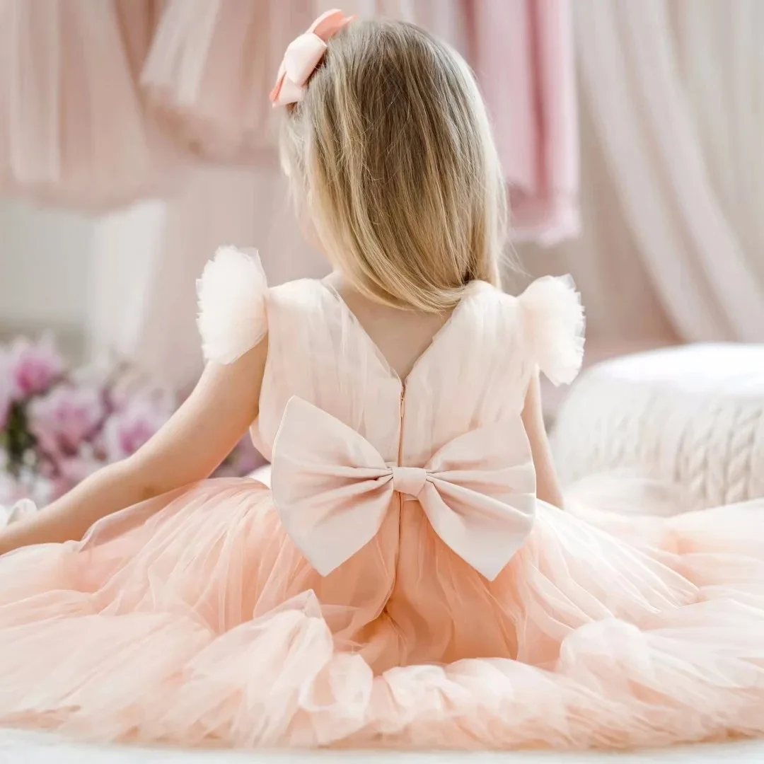 Vestidos de niña de flores personalizados para boda con lazos, tul hasta la rodilla, vestidos de fiesta de cumpleaños para bebés y niños de primera comunión