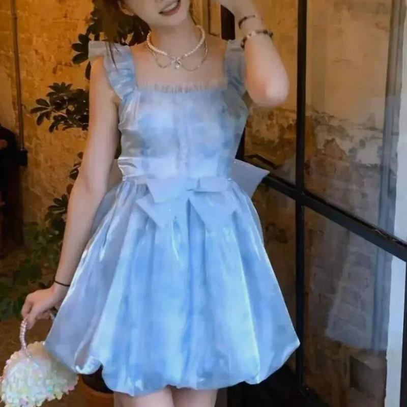 

Summer Puff Skirt French Style Blue Tank Dress 2025 Petite Open-back Bow New Princess Fairy Women's Ultra Fairy fdfdw2