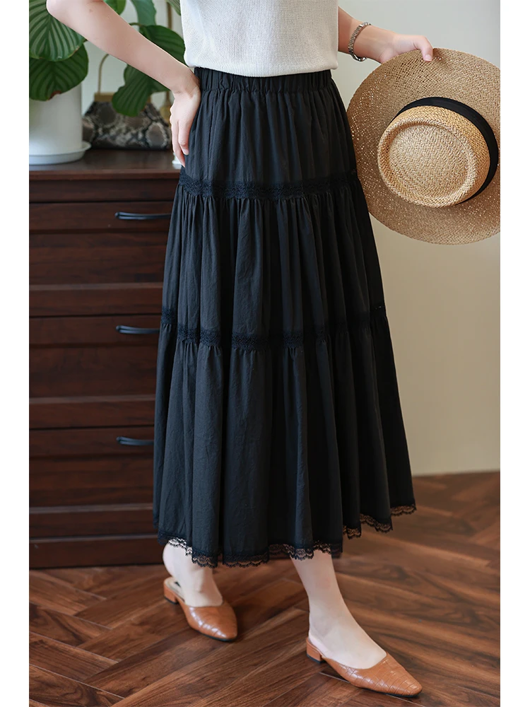 

Hebe Sle Юбка трапециевидной формы с высокой талией, хлопковая кружевная лоскутная макси-юбка, летние новые свободные юбки с рюшами, женские повседневные юбки с высокой талией