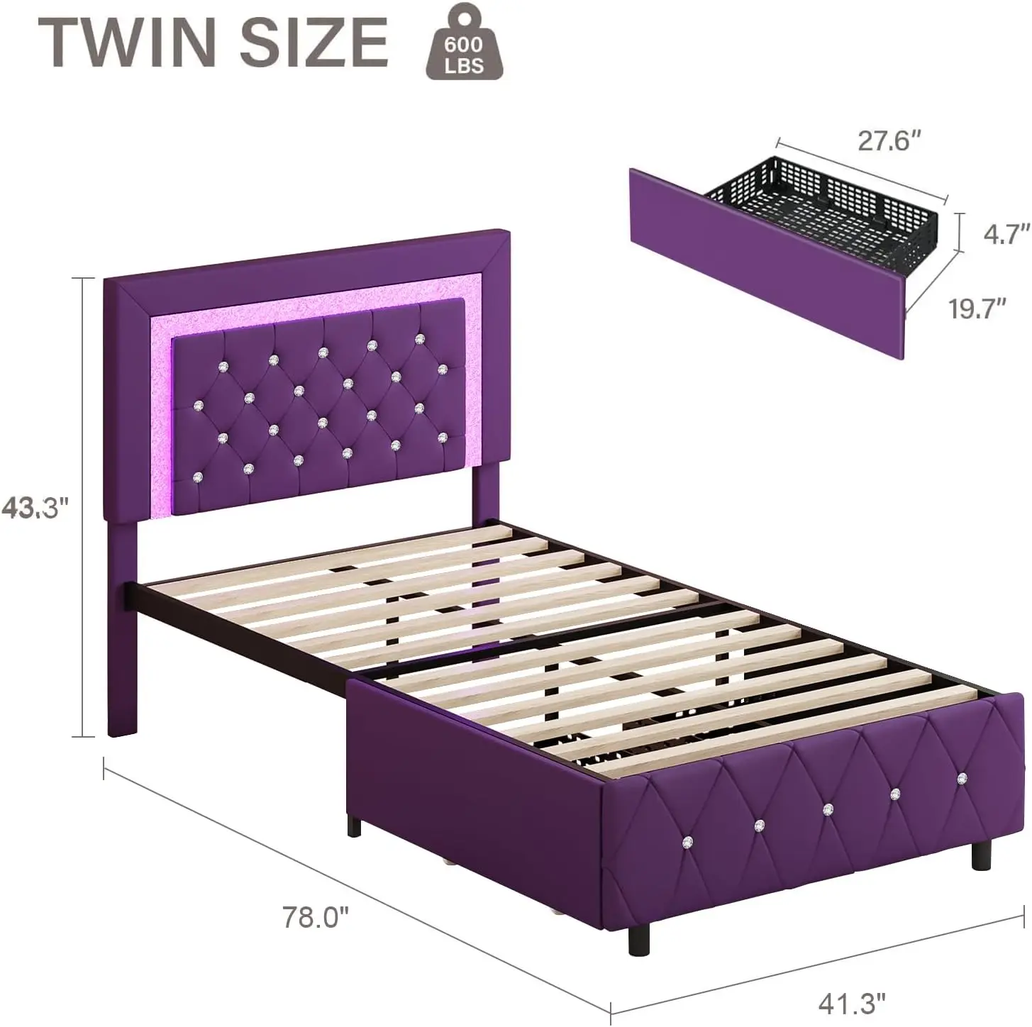 Twin Bed Frame with LED Lights and Diamond Tufted Headboard,Purple | Upholstered Bed with 2 Storage Drawers, Princess Platform B