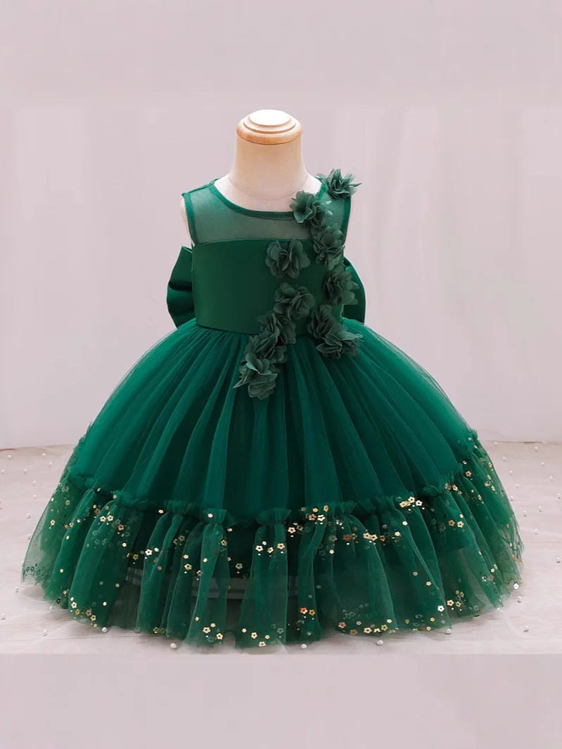 Baby Dress New Style Birthday Party Wedding Flower Girl Evening Dress Elegant Sequin Rose Flower Girl Princess Dress