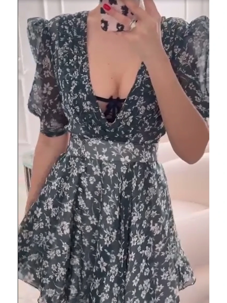 

Women Elegant Dark Green Floral Chiffon Dress Deep V Neck Puff Sleeve High Waist A Line Sexy Mini Party Beach Outfit 2026 Summer
