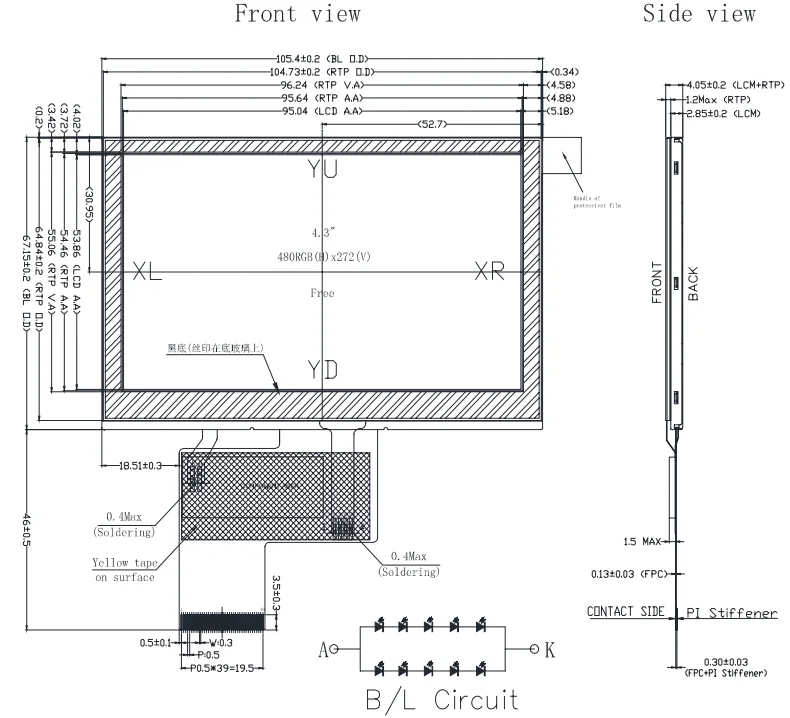 4.3 inch 480x272 RGB interface SC7283 full viewing angle IPS LCD wide temperature with resistive touch panel