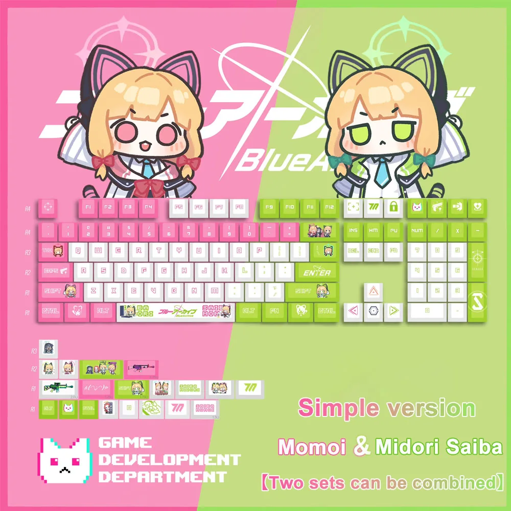 1Set Blue Archive Momoi Keycap PBT Dye Subbed Cherry Profile Keycaps Midori Saiba Anime Gaming Key Caps For MX Switches Keyboard