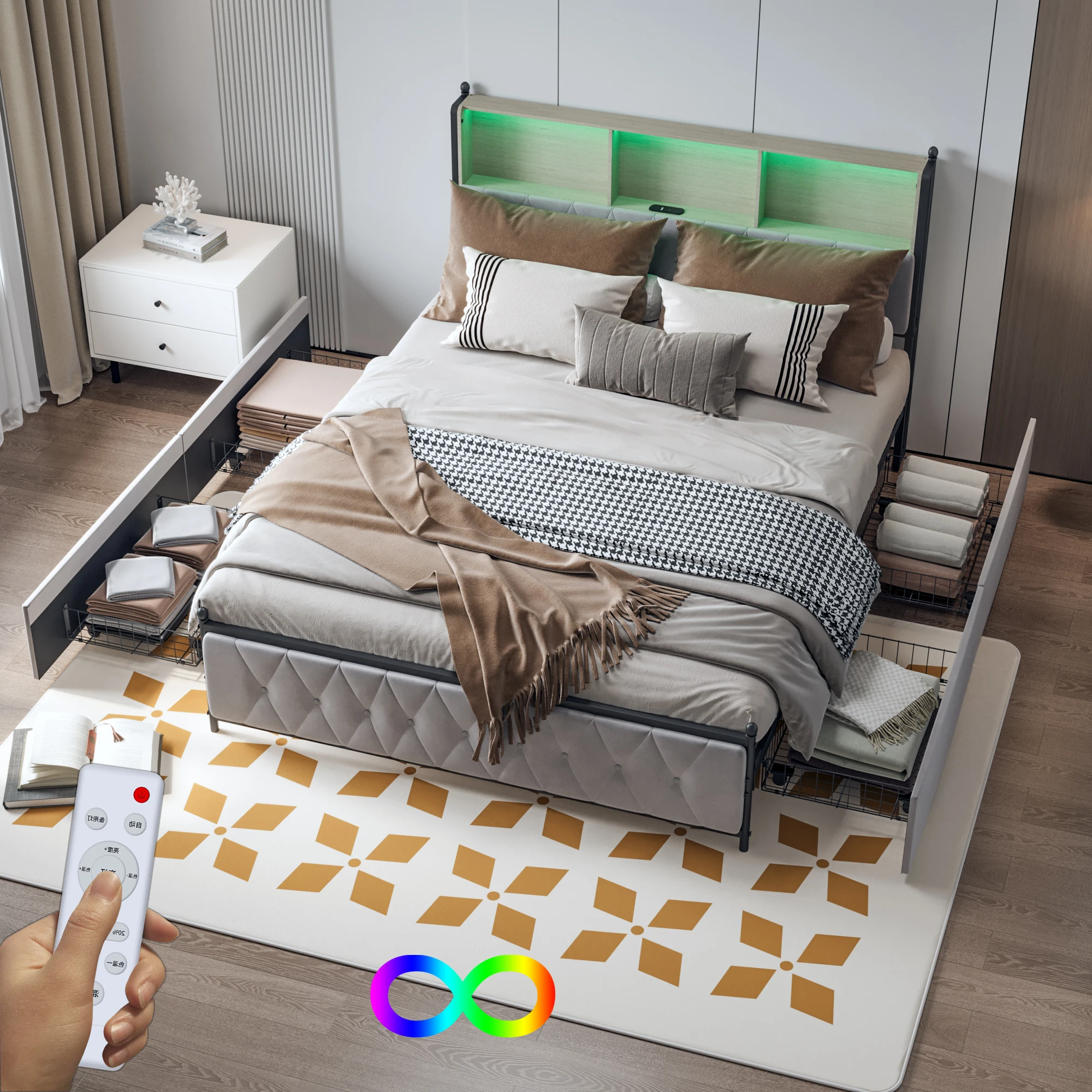 Bardhyle Upholstered Bed Frame with Charging Station and LED Lights, Metal Bed Frame with 4 Drawers