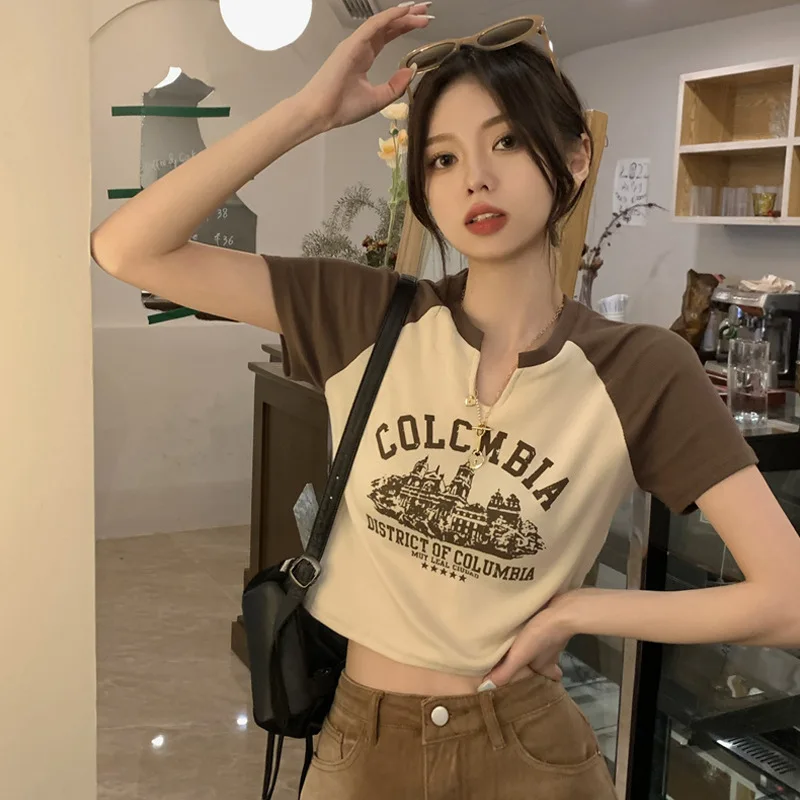 Y2k Crop Tops Korean Harajuku Short-Sleeved Streetwear Pure Women\'s Sexy Slim Tees Irregular Goth Sweet Kawaii Hot Girl T Shirts