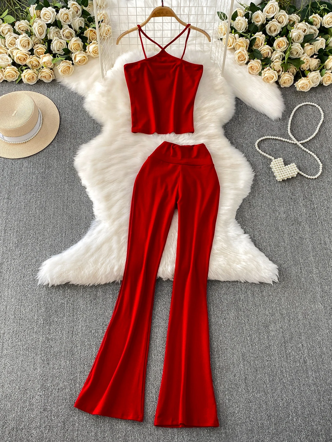 

Sexy Knitted Crop Top And High Waist Slimming Flared Pants Two Piece Set Pure Desire Sle Hanging Ne Strap Vest Body ape...