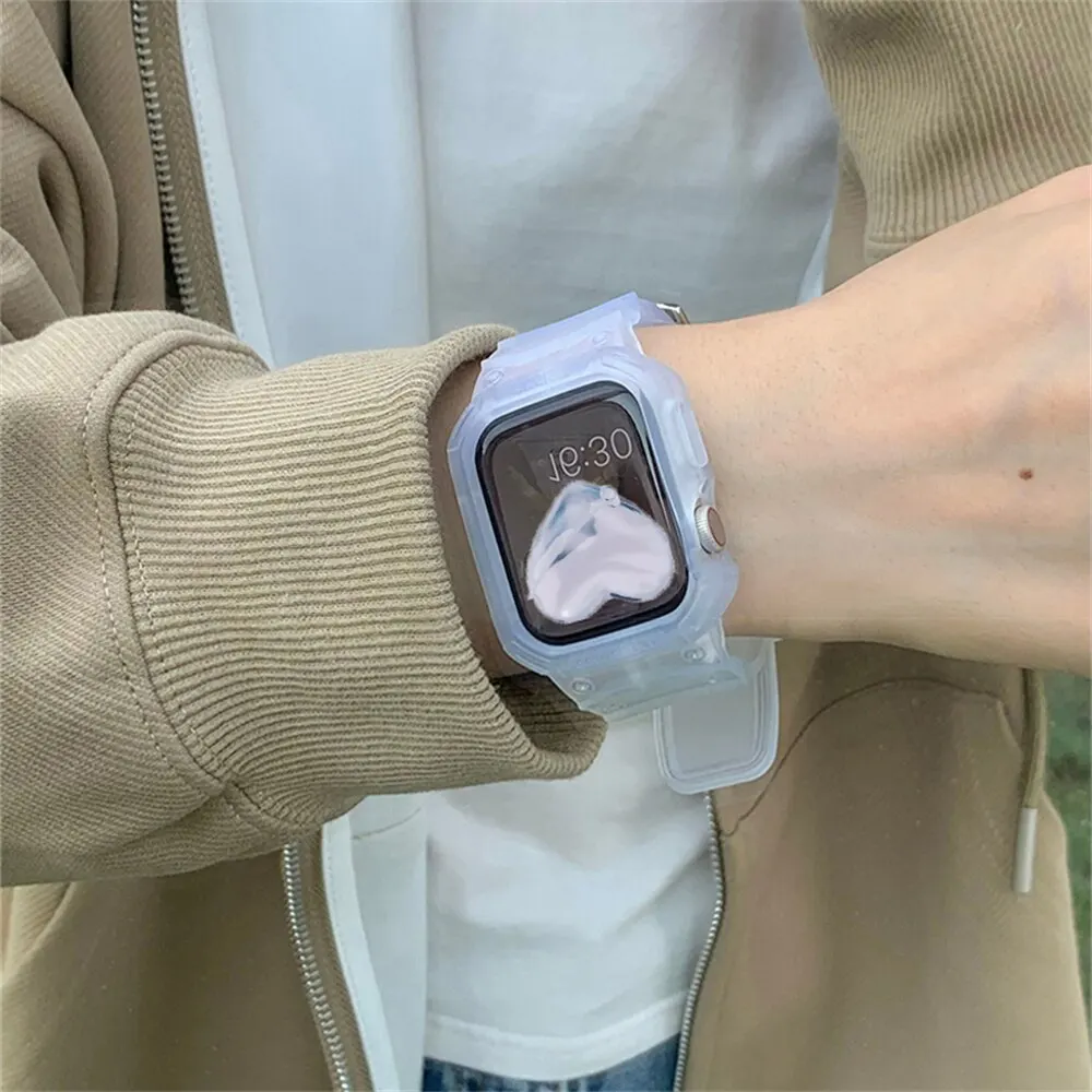 Fashion Transparent Silicone Band + Case For Apple Watch 7 6 SE 5 4 3 2 1 Sport Watch Strap for IWatch 38mm 40mm 42mm 44mm 45mm