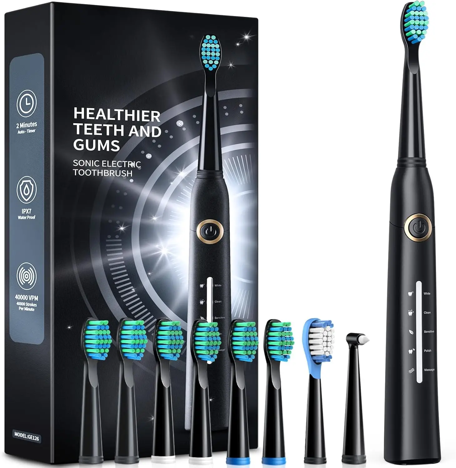 Electric Toothbrush for Adults with 8 Brush Heads, Sonic Electric Toothbrush with 40000 VPM Deep Clean 5 Modes, Rechargeable