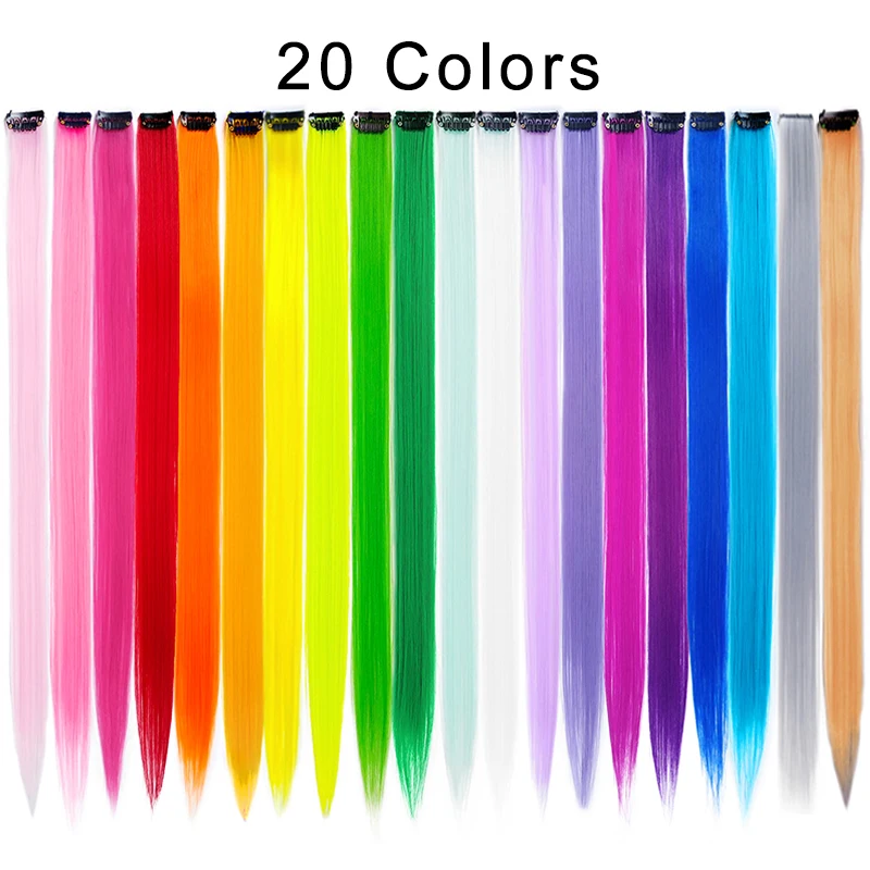 20PCS/Pack Colored Highlight Synthetic Hair Extensions Rainbow 22inch Straight Hairpieces for Women Kids Girls Purple Pink Blue