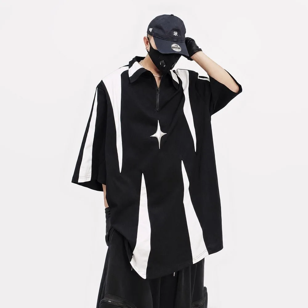 ARENS Hip Hop Metal Zipper Design Shoulder Pad T-shirt Vintage American Loose Pullover Oversized Short Sleeve Streetwear