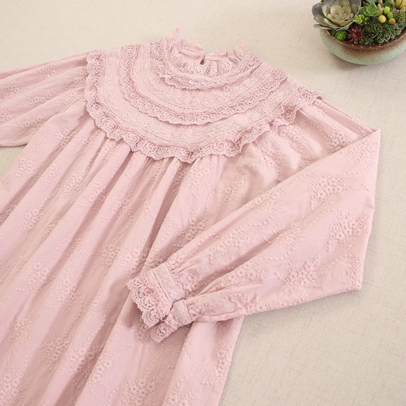 Japanese Sweet Mori Girl Embroidery Cotton Midi Dress Wmen Spring Autumn Stand Collar Long Sleeve Casual Loose Long Dresses