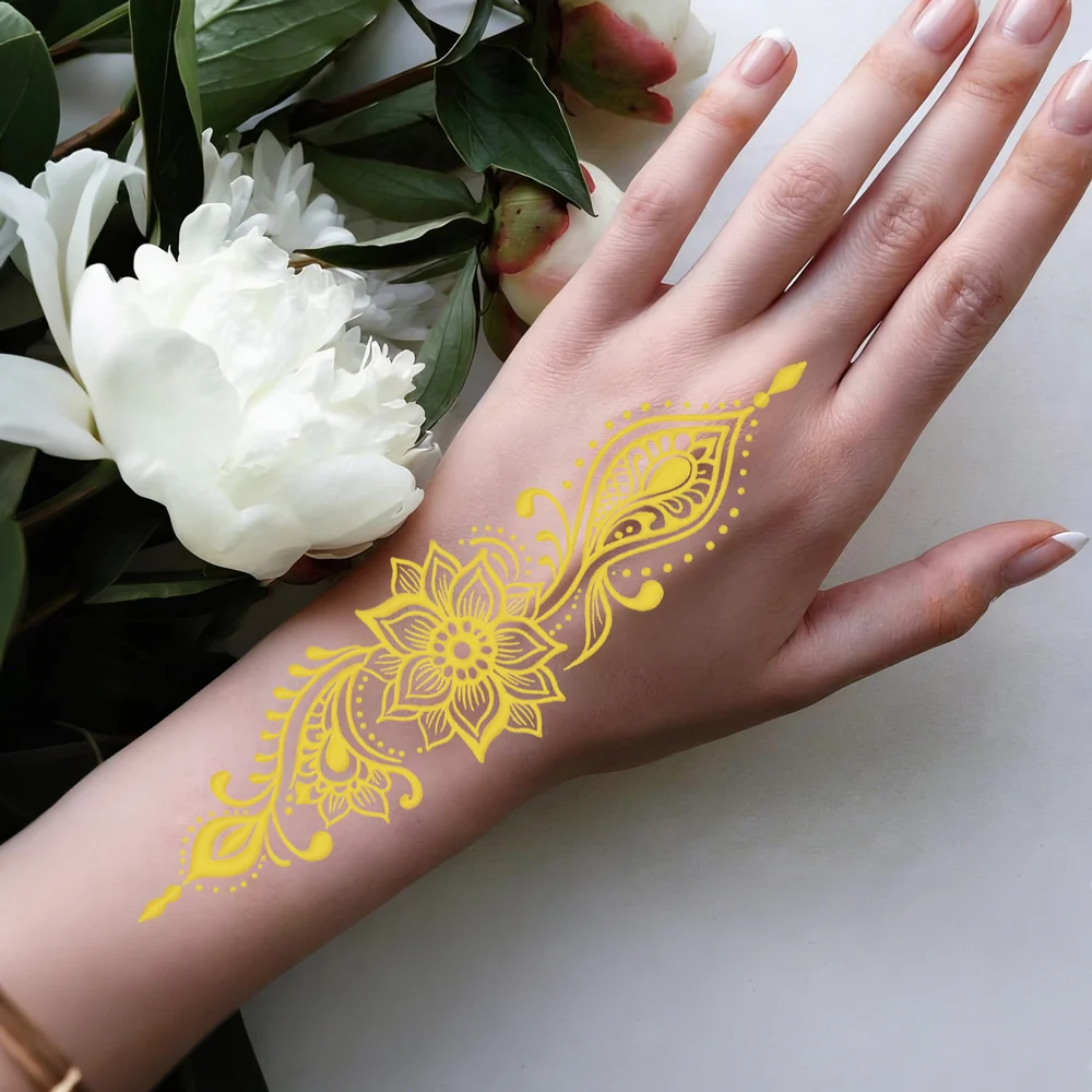 1pc Metallic Flower Tattoo Stickers for Women Waterproof Golden Henna Mandala Temporary Tattoos Fake Tattoo Wedding Body Decor view 3
