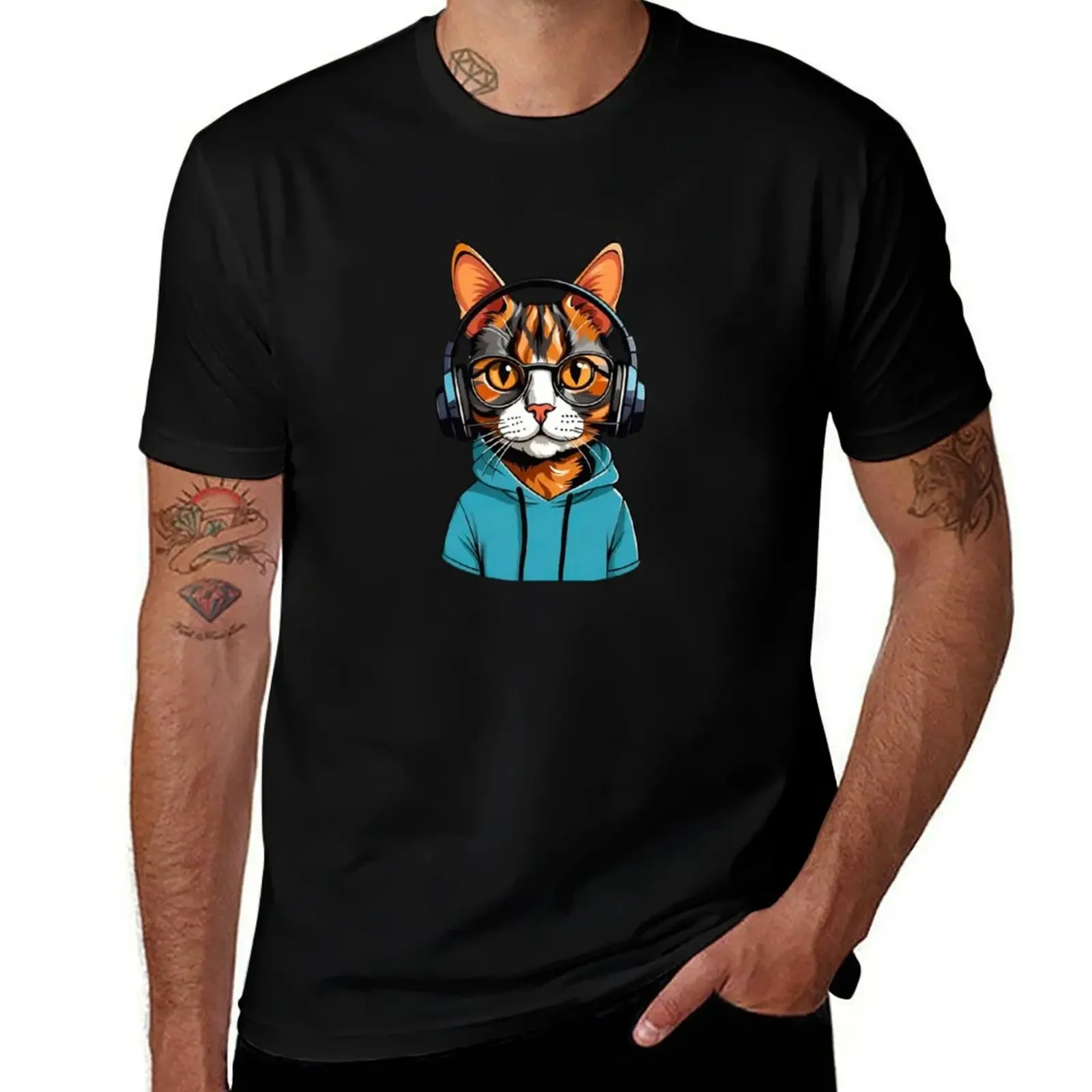 

Cat tortie wear headphone T-Shirt quick-drying summer tops mens vintage t shirts