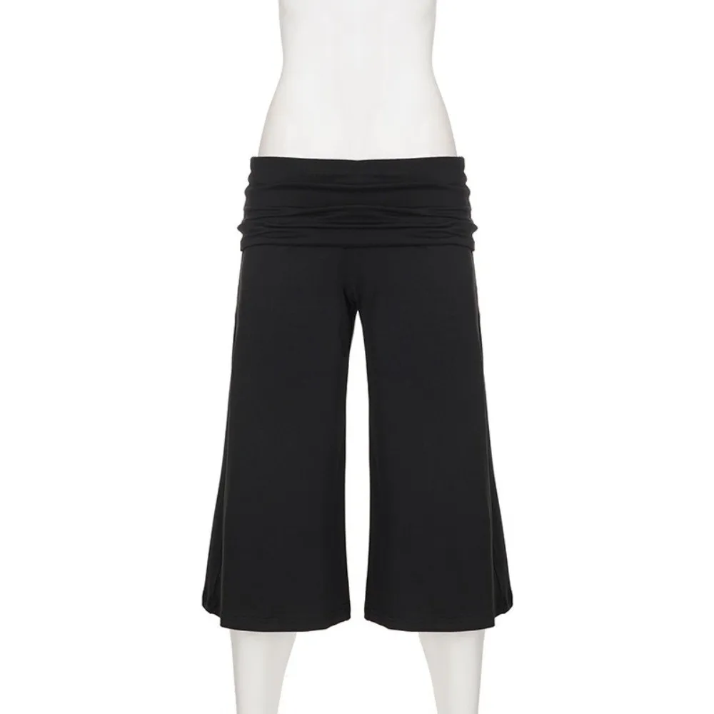 Fold Over Waistband Wide Leg Capri Pants Flowy Silhouette Stretch Fabric Low Rise Yoga Pants Cropped Length Low Rise Fit