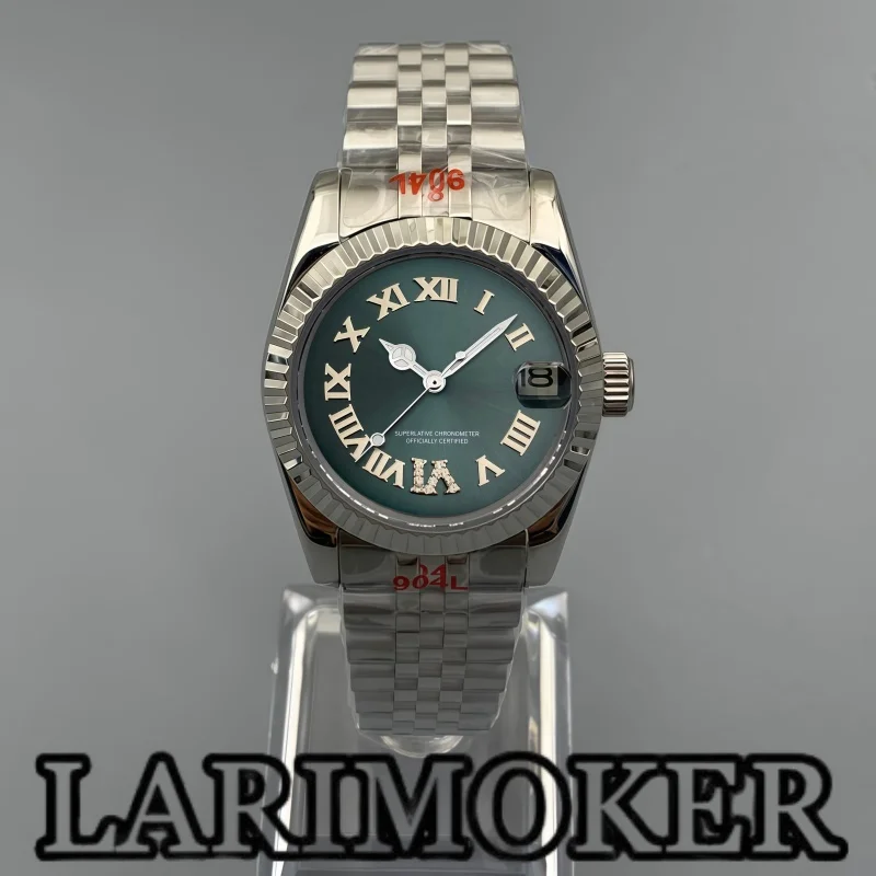 LARIMOKER 31mm Women's NH15 Silver Mechanical Watch Roman Numeral Gear Bezel Green Brown Dial Sapphire Steel Diving Watch