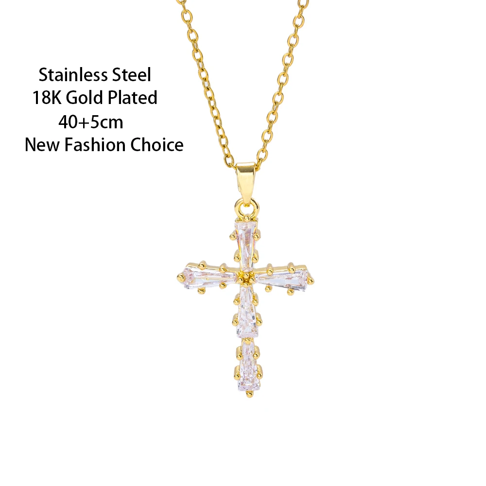 New 18K Gold Plated Sparkly Zircon Crystal Cross Pendant Necklaces For Women Trendy Female Stainless Steel Neck Chain Jewelry