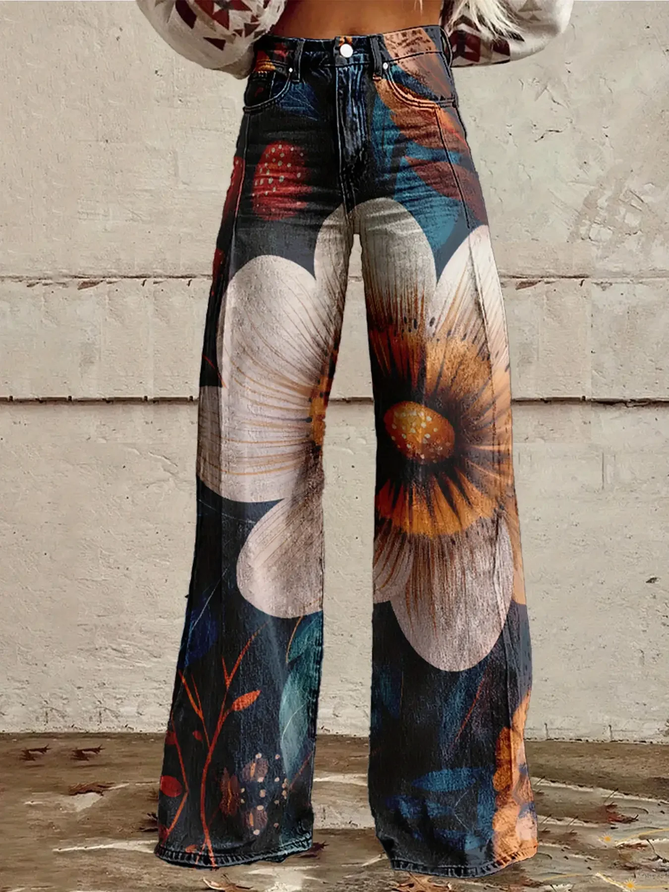 

Women's imitation jeans printed with various high waisted flared pants, retro fashion, high and slim, versatile women's jean