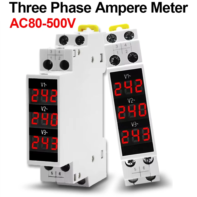 

1PC Din Rail Mount Three Phase Ampere Meter AC80-500V 50-60Hz Mini Modular Ammeter Gauge Indicator LED Digital Display Detector