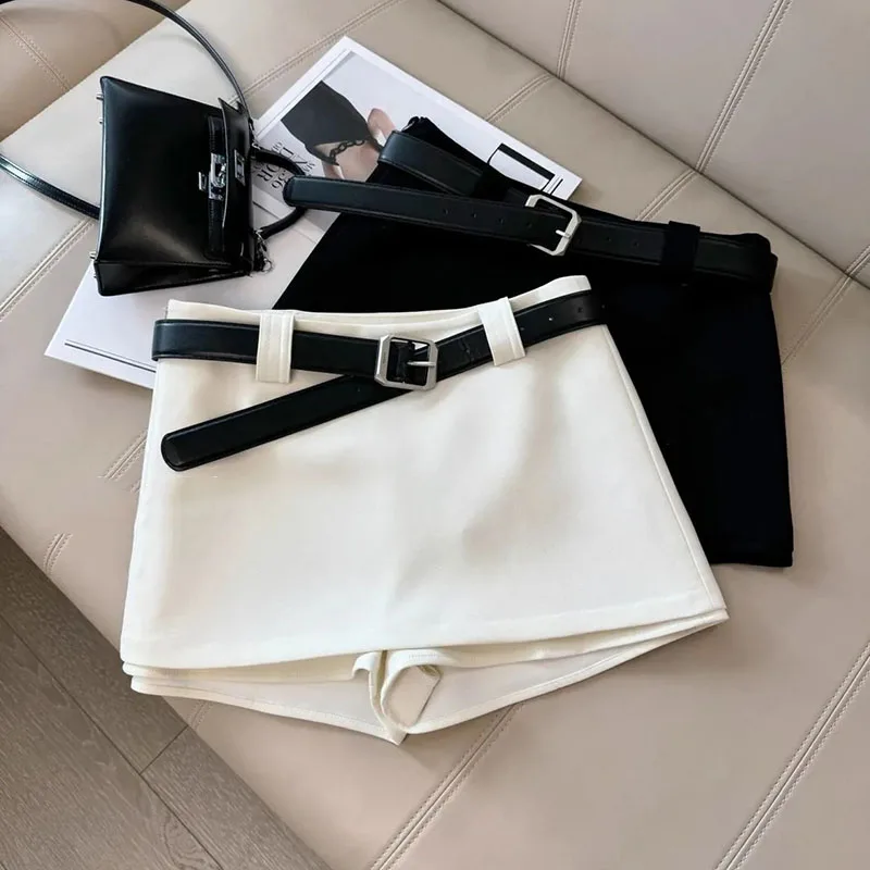 

Черно-белые офисные женские костюмы, юбки, сексуальные узкие шорты, юбка на бедрах, женская корейская мода, универсальные юбки трапециевидной формы с поясом