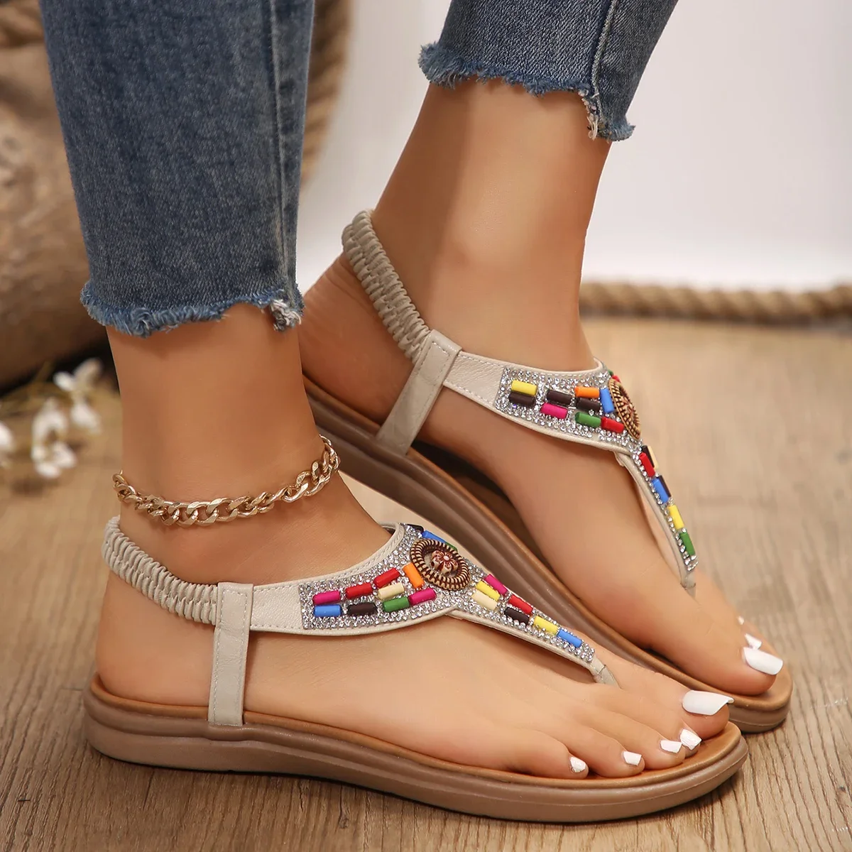 Women's Flat Heels Bahemian Sandals Summer 2024 Crystal Non Slip Beach Sandalias Mujer Soft Bottom Clip Toe Roman Shoes Woman