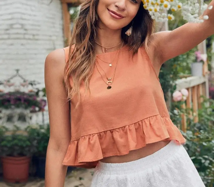 سترة نسائية فضفاضة صيفية كلاسيكية بلون سادة وبسيطة كاجوال بحاشية مكشكشة بقصة ضيقة بدون أكمام مناسبة للاستخدام اليومي