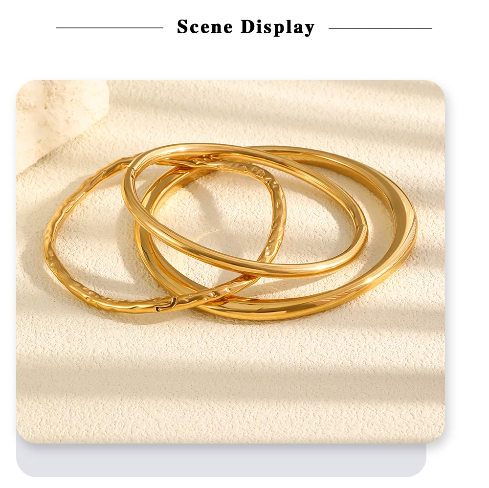 MamacitaSlay 316L Stainless Steel Stackable Hammered Textured Thin Smooth Bracelet 18K Gold Plated Waterproof Women Jewelry Gift