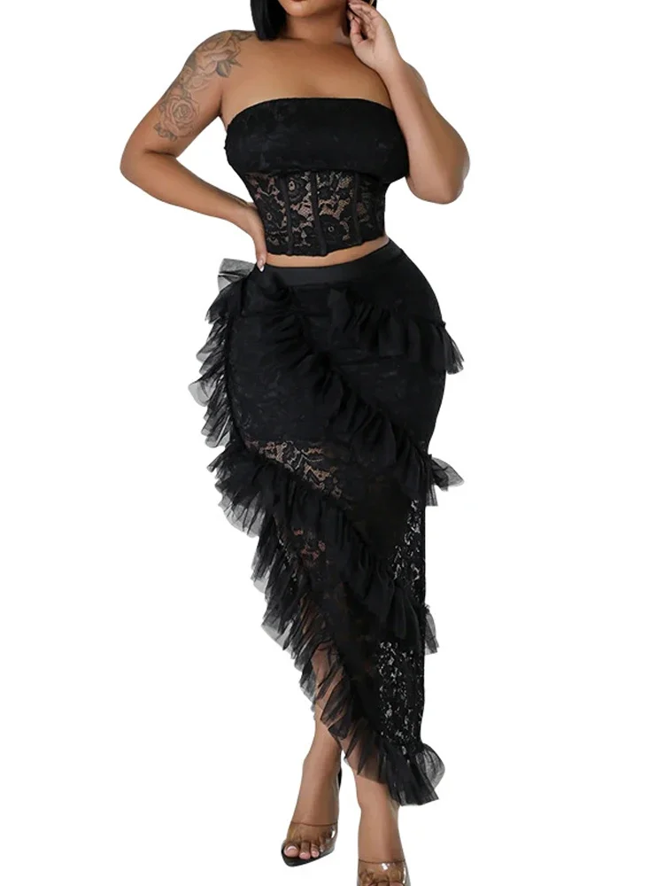 

Sexy Sheer Lace Floral Two Piece Women Dress Sets 2025 Summer Cropped Top and Asymmetrical Ruffles Long Skirt Matching Set