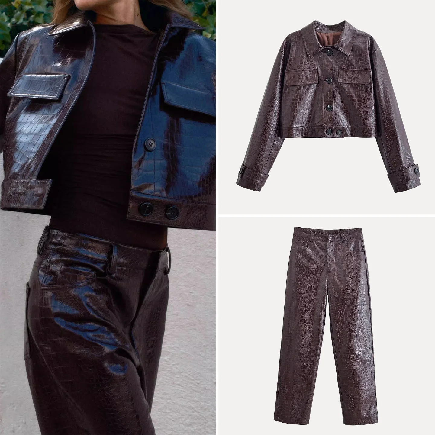 

Женский модный комплект ZADATA: укороченная блестящая куртка и длинные брюки, яркий повседневный костюм для взрослых, осенний сезон