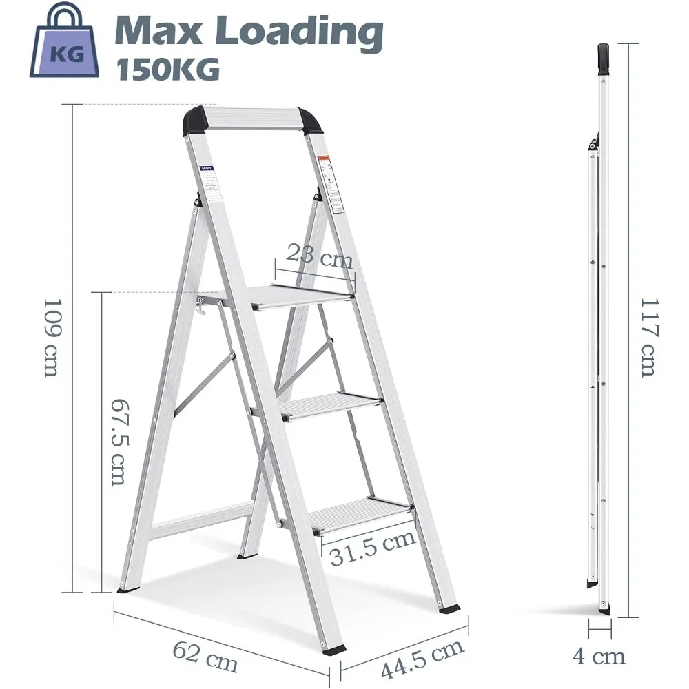 Aluminium 3-traps ladder, lichtgewicht opstapkruk met antislippedalen, leuning, 330 LBS opvouwbare opstapladder voor keuken